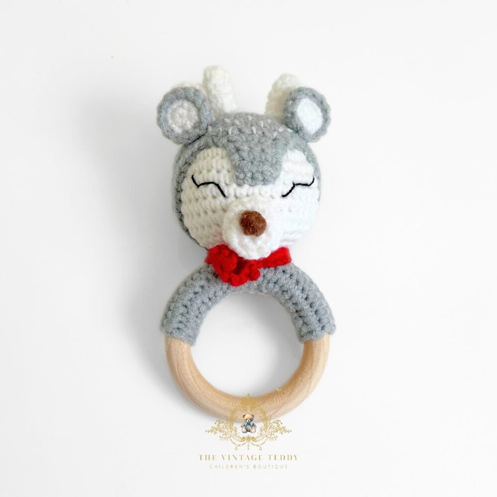 NWT Cute Handmade Crochet Boy Deer Baby Rattle Baby & Toddler Wooden Plush Toys